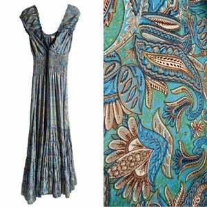 IMPRESSION PARIS Cold Silk Floral Smocked Tiered Maxi Dress L/XL Teal Babydoll